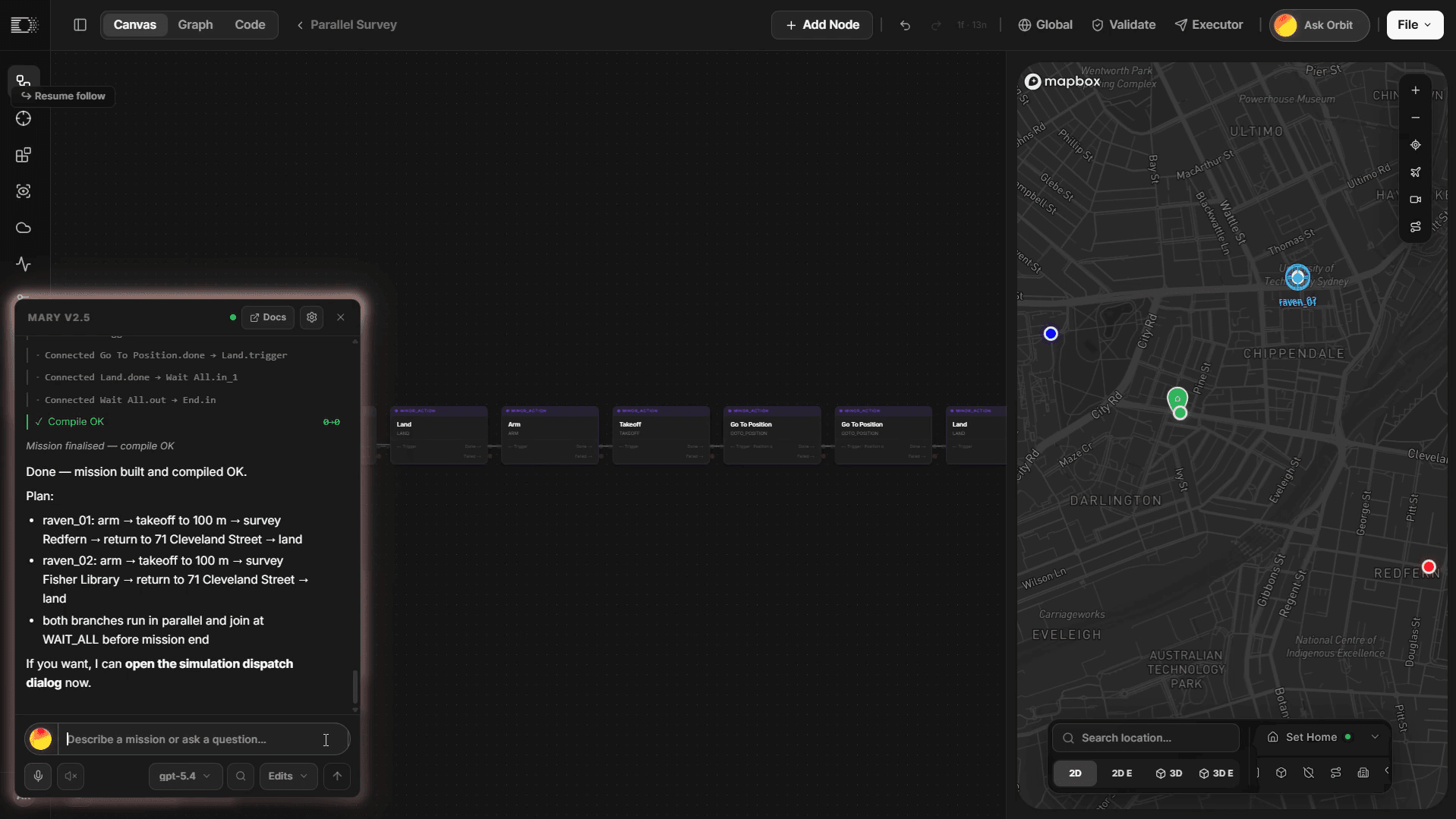 Orbit copilot compiling a two-drone parallel survey into mission nodes, with both routes shown on the map