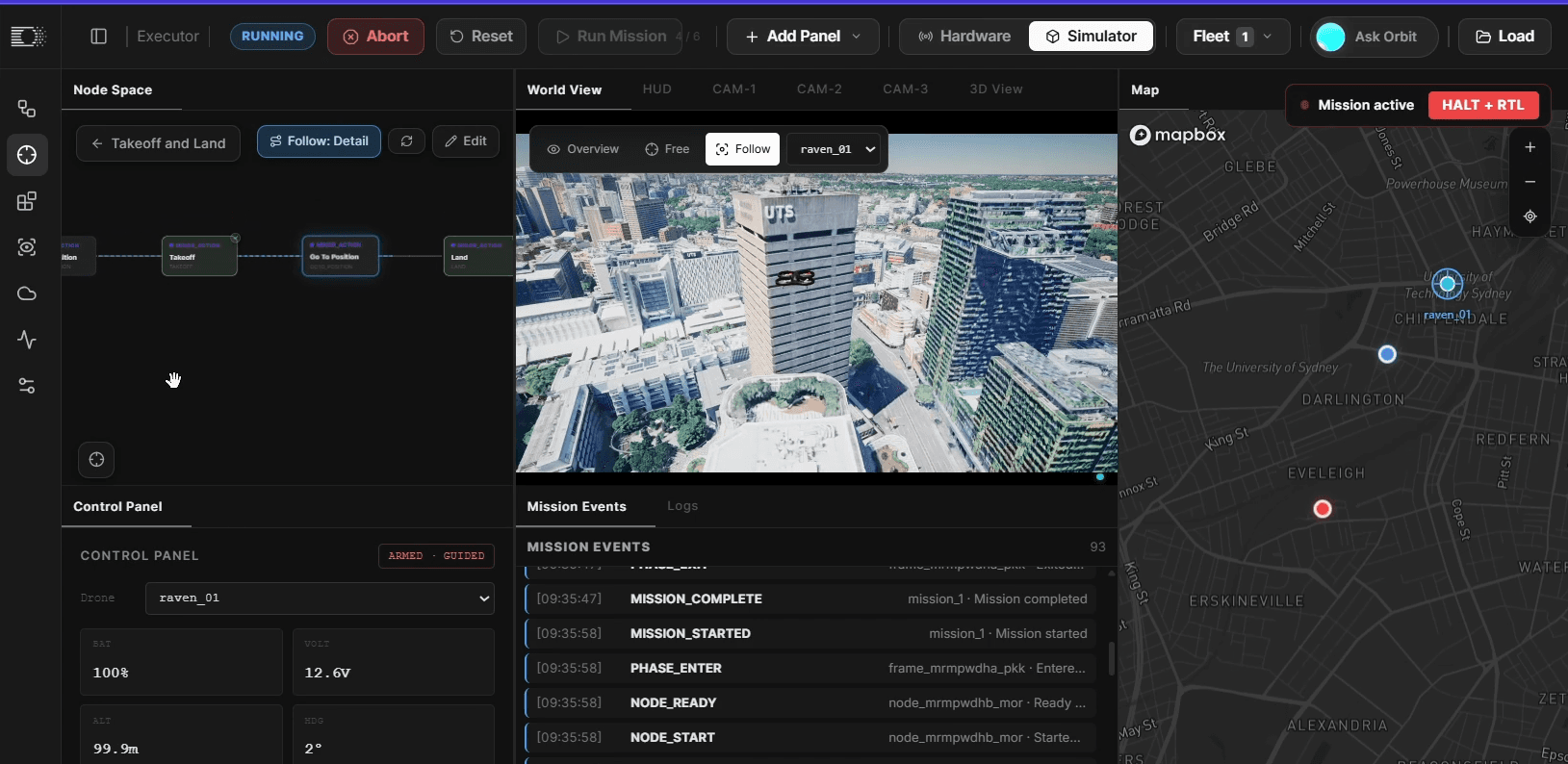 Orbit executor mid-mission: World View chase camera over Sydney, mission events streaming, and a live abort control