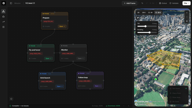 Orbit planner showing node phases beside a Google Earth-style 3D map