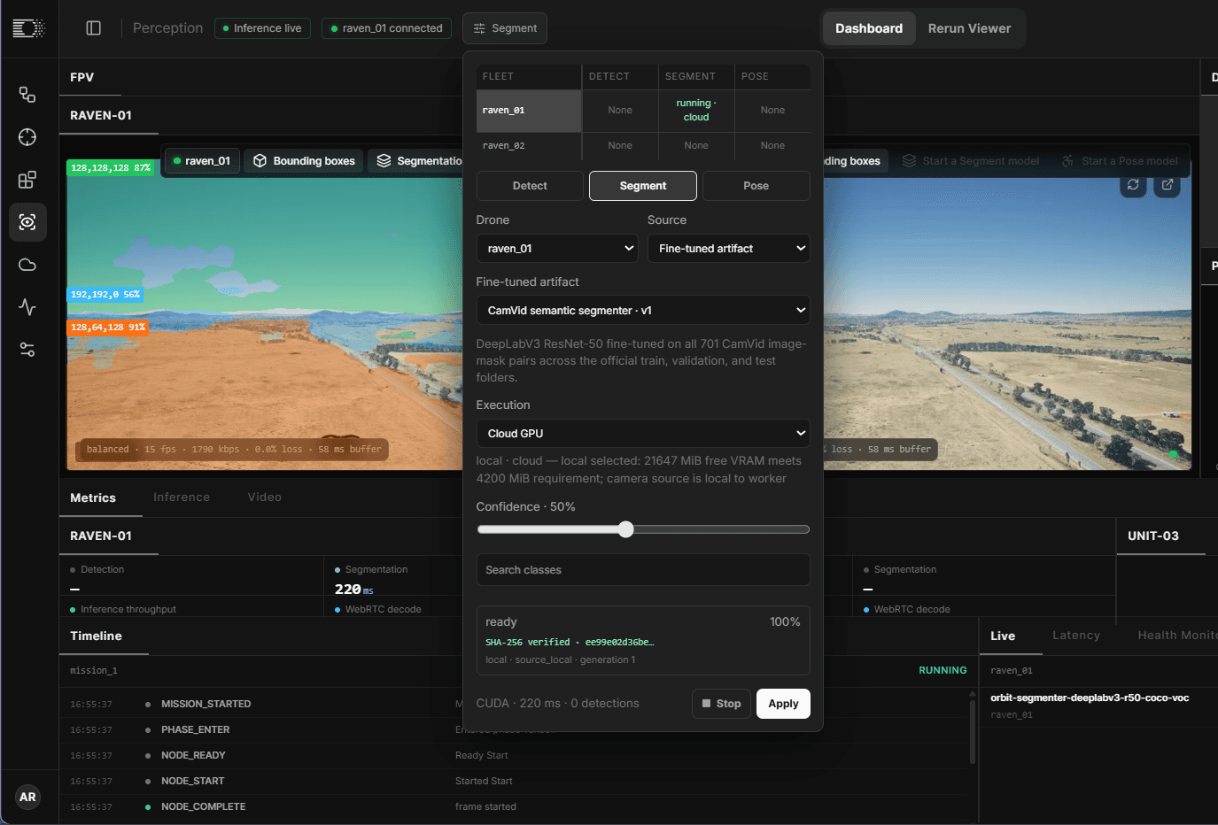 Orbit perception tab segmenting a live FPV feed with a fine-tuned model running on a cloud GPU